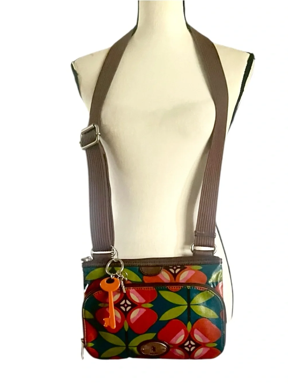 Fossil Key - Per Vibrant Floral Geometric pattern Crossbody Coated Canvas Purse